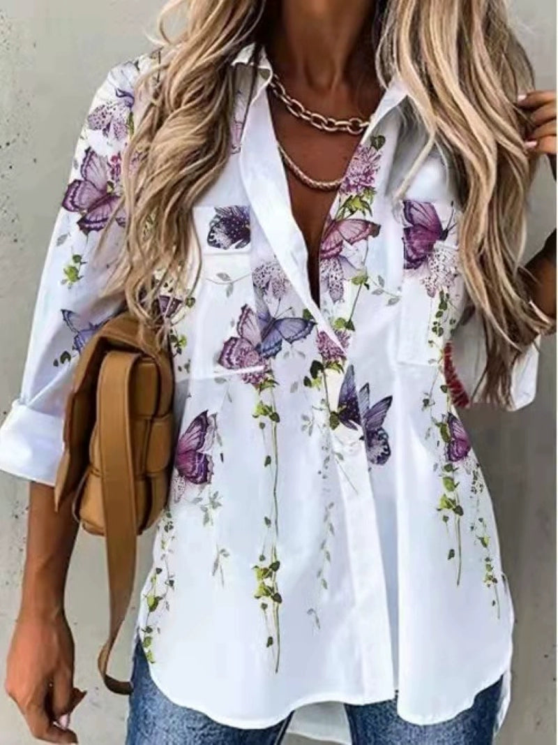 Fashion Polo Long Sleeve Shirt Women Fashion Print Casual Polo Collar Long Sleeve Shirt Button down