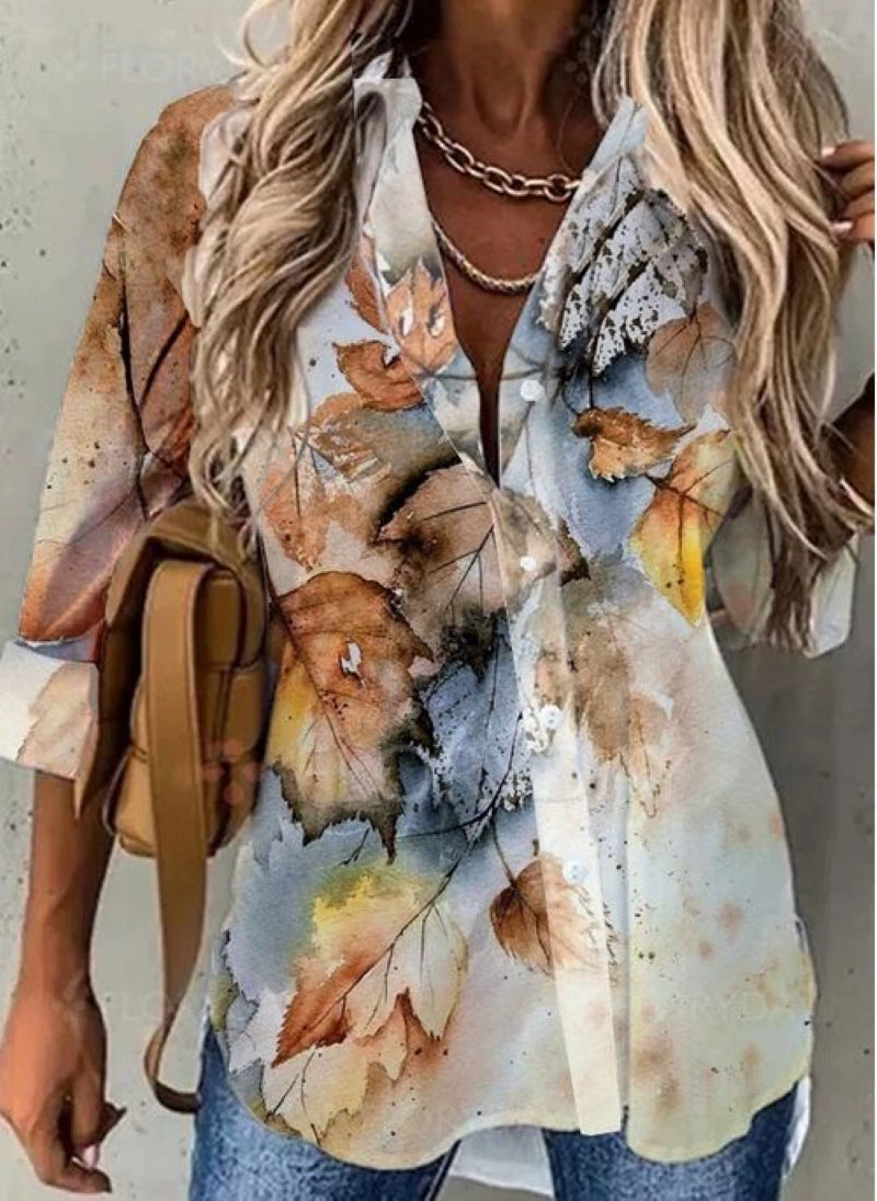 Fashion Polo Long Sleeve Shirt Women Fashion Print Casual Polo Collar Long Sleeve Shirt Button down