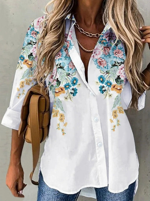 Fashion Polo Long Sleeve Shirt Women Fashion Print Casual Polo Collar Long Sleeve Shirt Button down