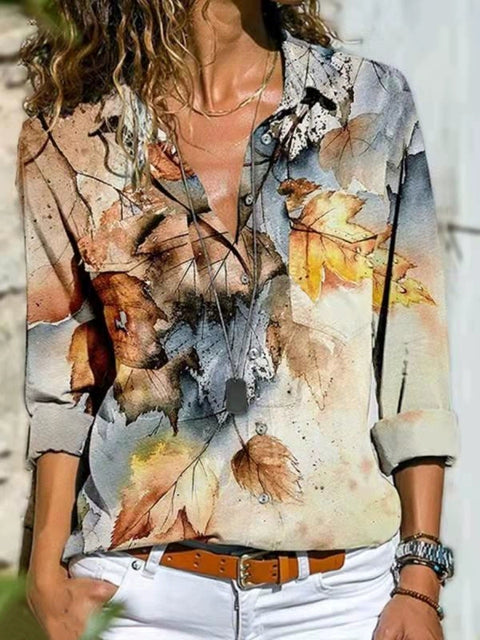 Fashion Polo Long Sleeve Shirt Women Fashion Print Casual Polo Collar Long Sleeve Shirt Button down