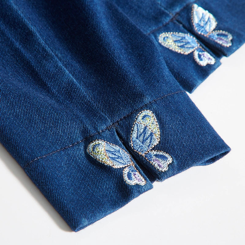 Elegance High Waist Full Elastic Waist Embroidered Butterflies Leggings Denim