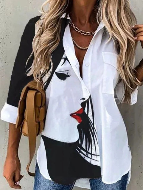 Fashion Polo Long Sleeve Shirt Women Fashion Print Casual Polo Collar Long Sleeve Shirt Button down
