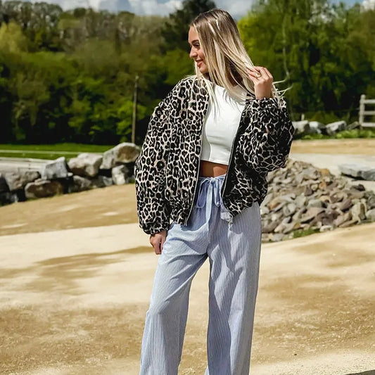Retro Leopard Print O-neck Chic Zipper Pocket Long Sleeve Short Coats