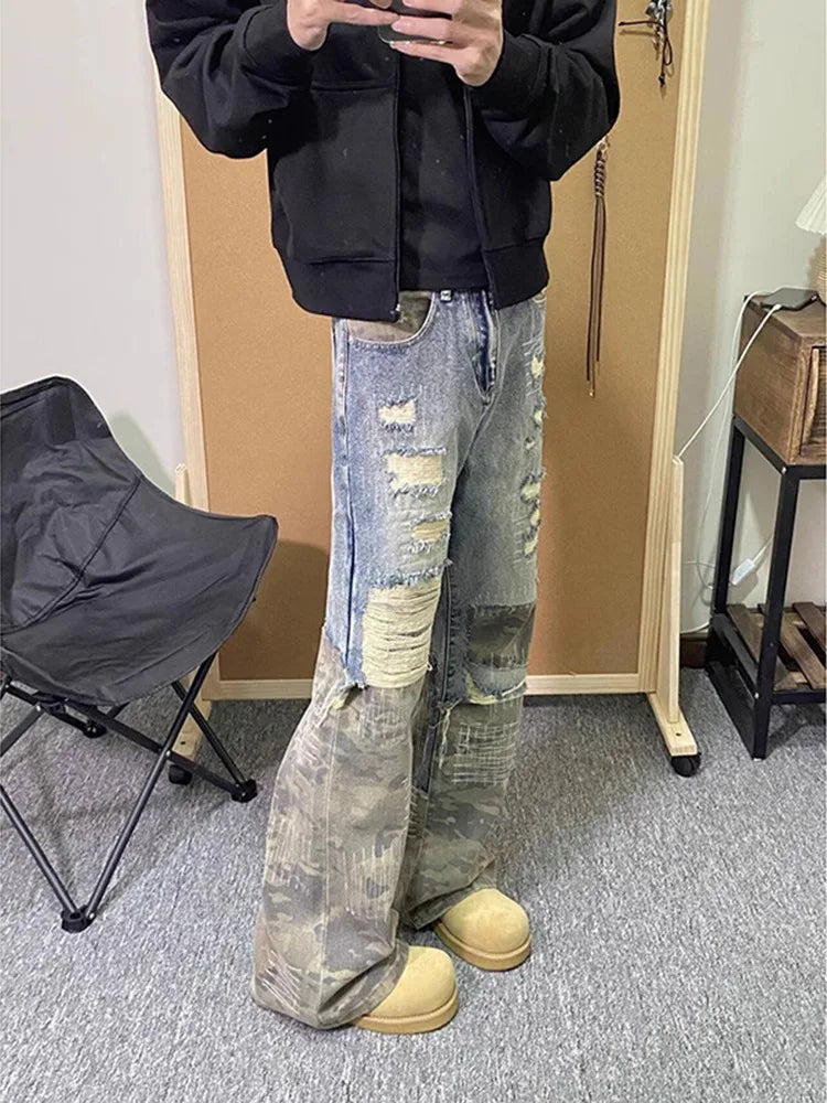 American Hip Hop Clothes Vintage Pants Design Camo Patchwork Jeans  Casual Straight Leg Pants designer clothes