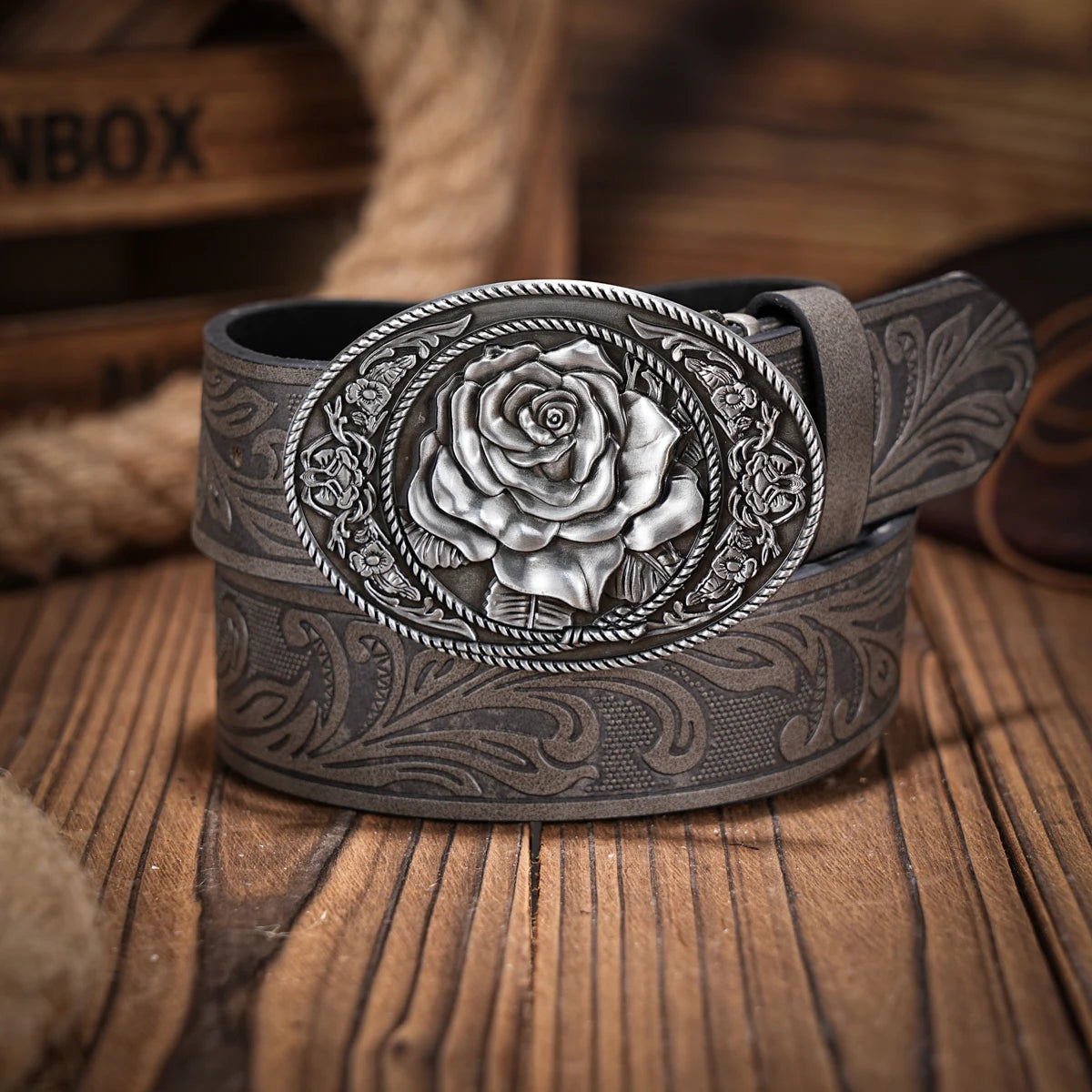 Western denim PU Belt -Women's decorative printed carved denim waistband Rose