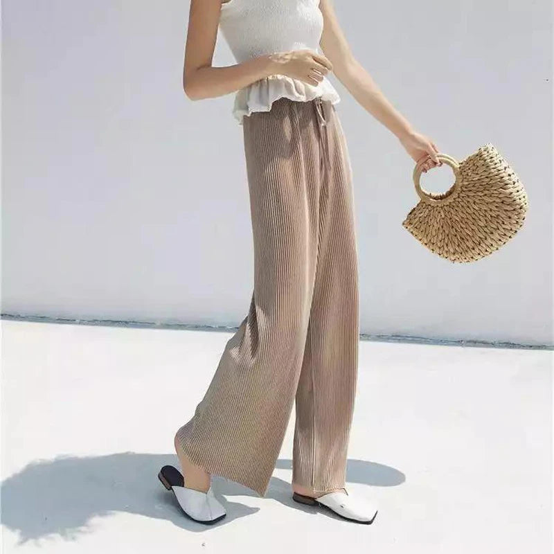 Women's Fashion Summer Wide Leg Pants Pleated Ice Silk Trousers Elastic Waist Loose Casual Pants