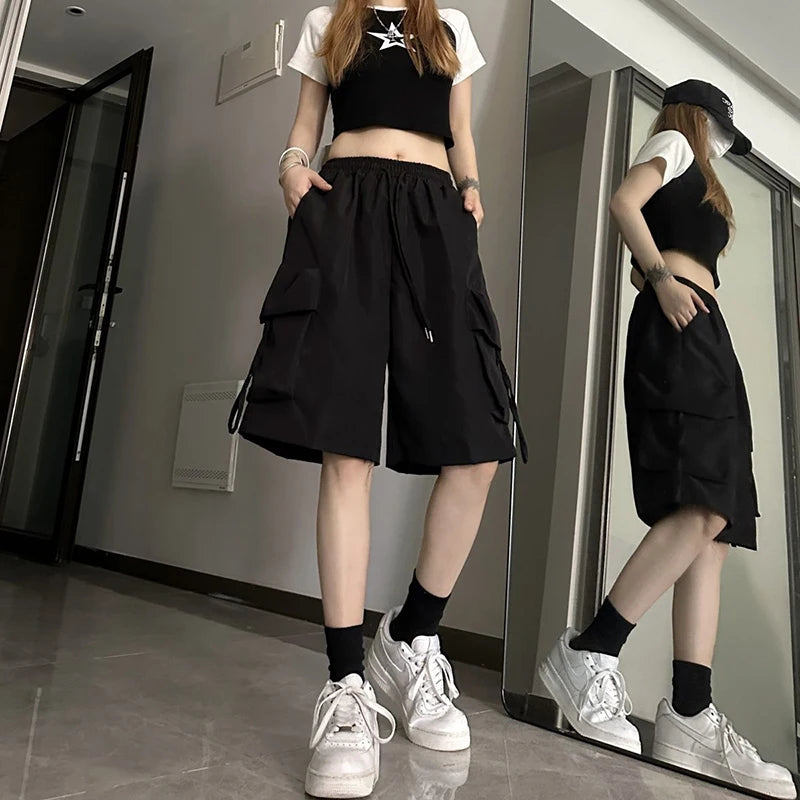 Women's High Waist Cargo Shorts American Style Streetwear Summer Wide Leg Pants Fashion Female Big Pocket Loose Shorts