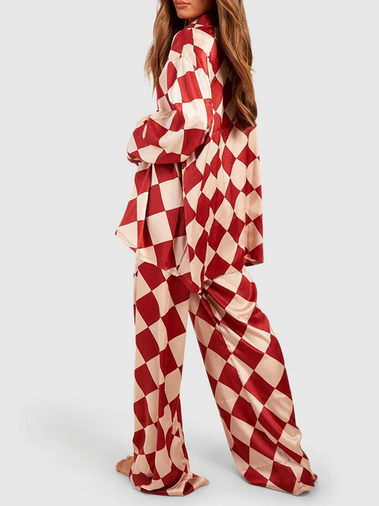 Checkered Print Loungewear Set Short Sleeve V-Neck Button Up Tops Cropped Pants Cozy Sleepwear Ensemble