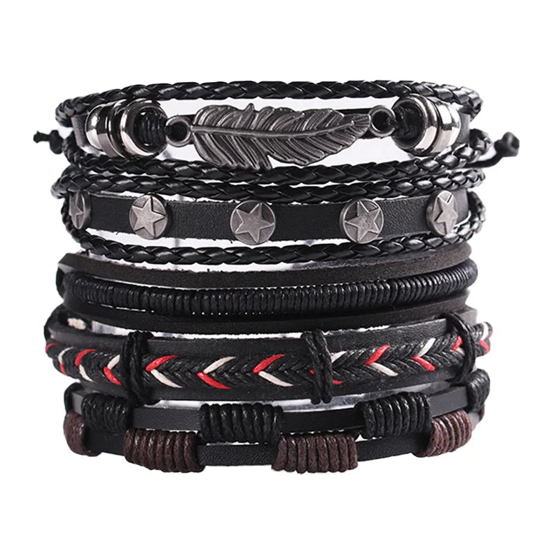 1 Fashion Bracelet Viking  Bracelet For Men Hand Bracelets Woven Skull Hand Jewelry Adjustable Leather Set Bracelet