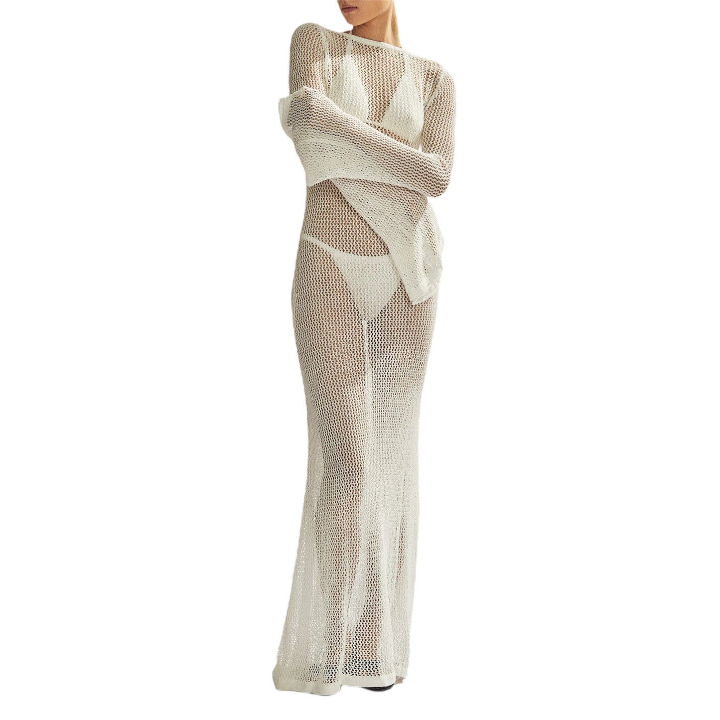 Women s Summer Long Knit Beachwear Solid Color Long Sleeve O Neck Hollow Cover Up