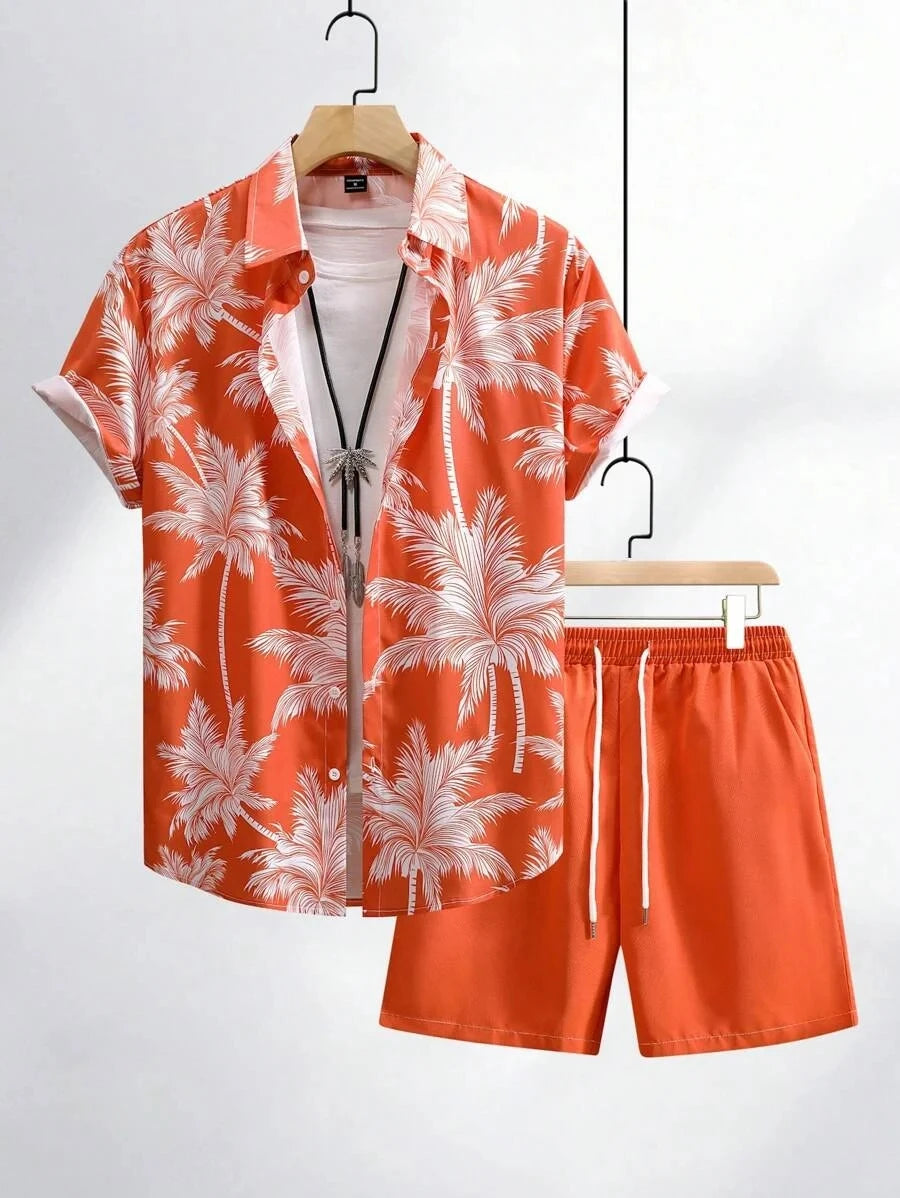 Men Sets Print Patchwork Lapel Short Sleeve Casual Shirt Beach Shorts Summer Streetwear Vacation Hawaiian Suits Men S-5XL