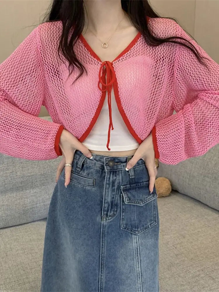 Sun Dried Knitted Cardigan for Women's Spring Thin Design Short Hollow Lace Up Long Sleeved Top