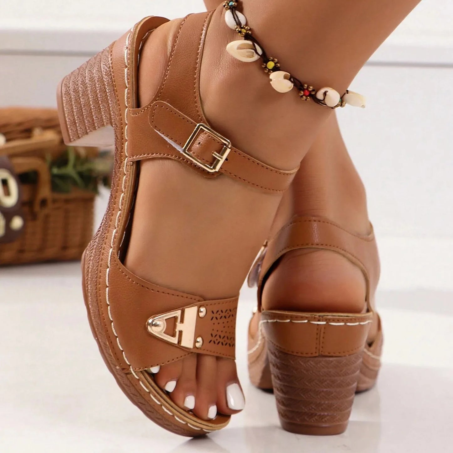 Women's Chunky Heel Sandals Adjustable Buckle Strap Plus Size Shoes Solid Color One Line Fashion Sandals For Women