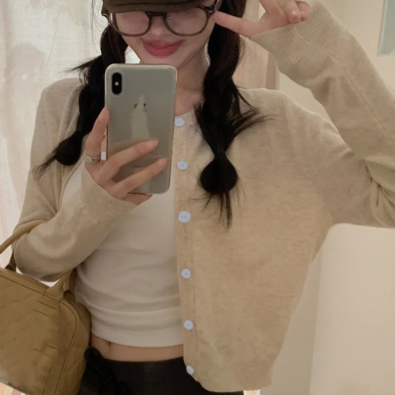 Cardigan Knit Early Autumn Women Clothes Outdoor Crop Sweater Outerwear Long Sleeve Top
