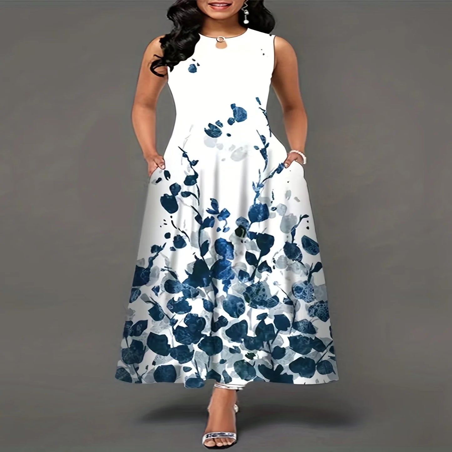 Flirty Floral Print Maxi Dress - Bohemian Chic, Sleeveless Crew Neck with Keyhole - Pockets for Women - Perfect Casual Summer Dr