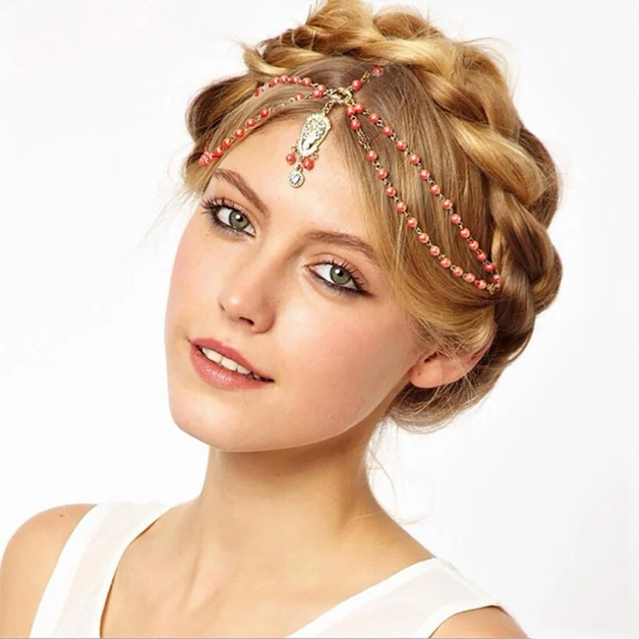 Fashion Bridal Wedding Hair Jewelry Accessories For Women Indian Boho Imitation Pearls Head Chain Head Piece Bijoux Femme