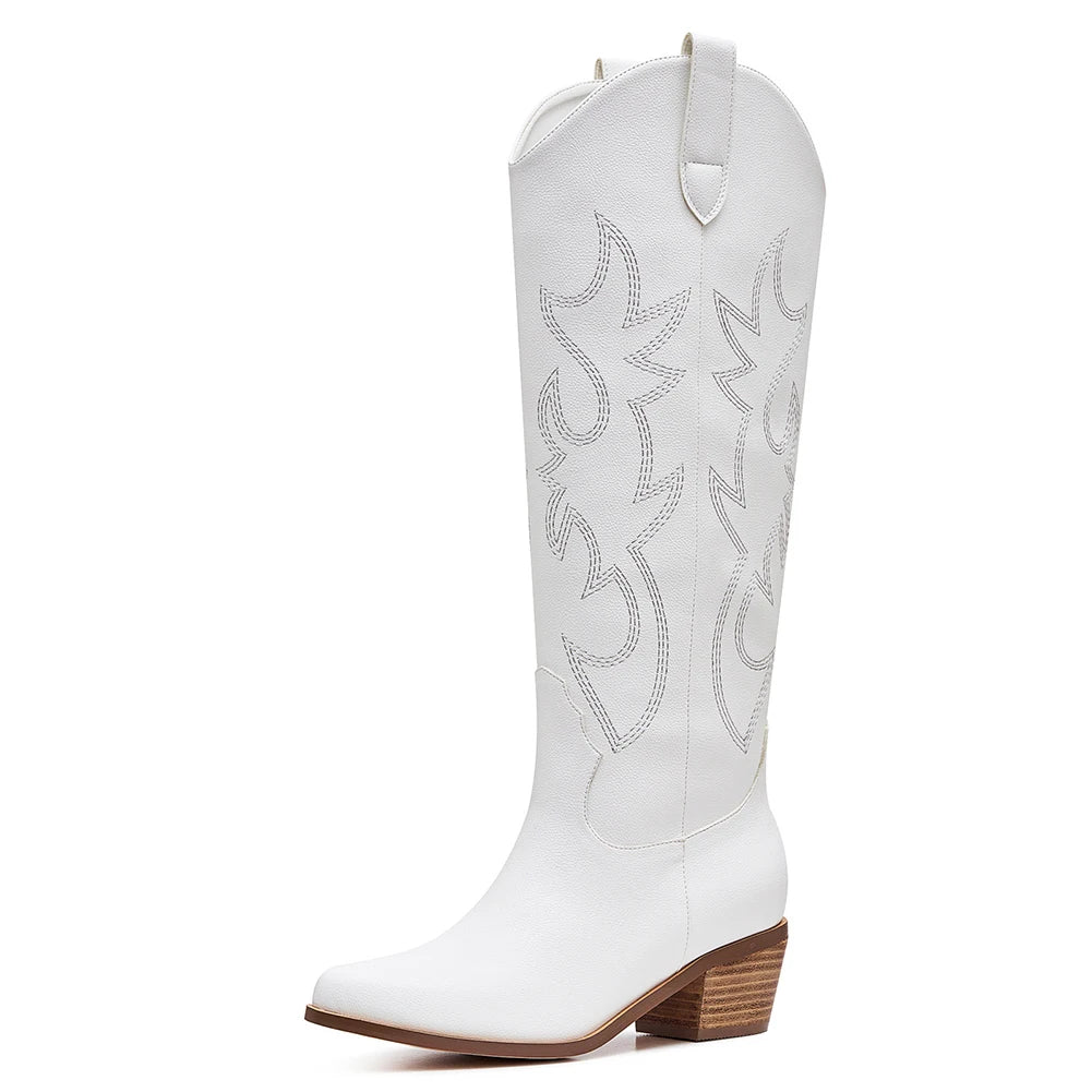 Embroidered Western Mid-calf  High  Boots Solid Square Heeled Cowgirls