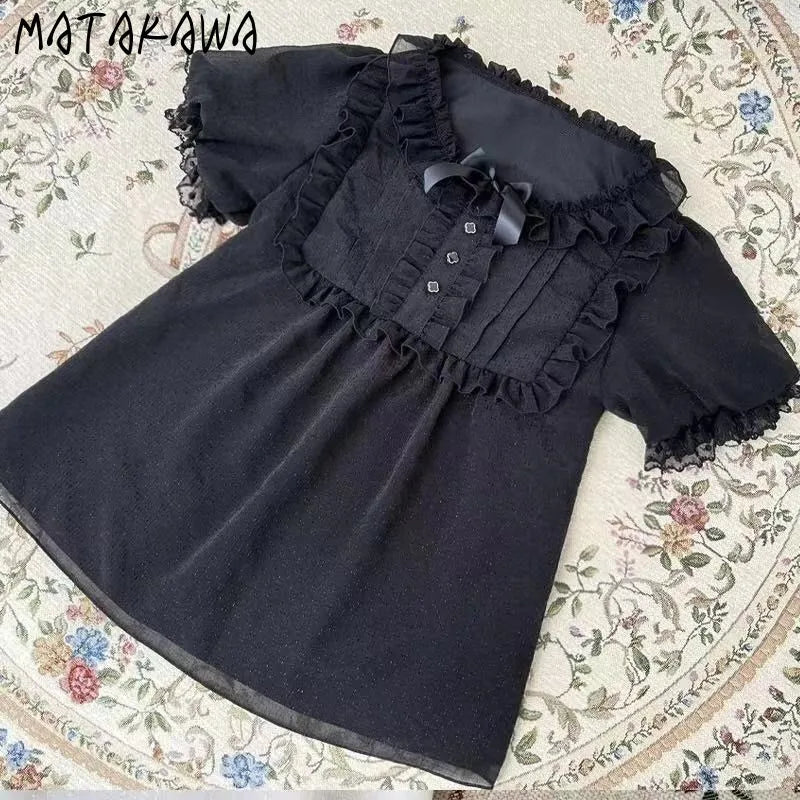 Vintage Ruffles Solid Bow Elegant Short Blouse