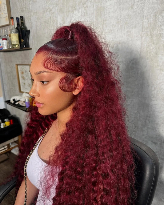 250 Density 13x4 Curly 99J Burgundy Colored Lace Front Wig 30 40 Inch Deep Wave 13x6 HD Lace Frontal Human Hair Wigs