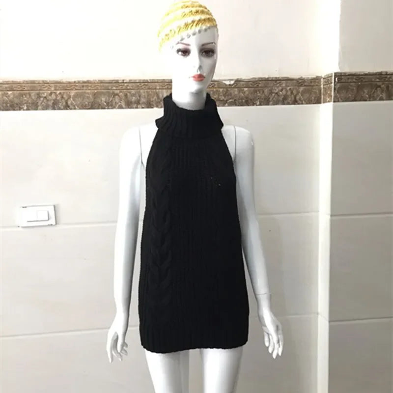 Sexy Trendy Knitted Pullover Sweater Dress for Women, Sexy Backless Apparel with Tie-up Back Design