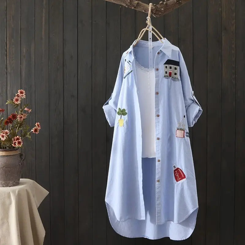 Women Cotton Embroidery Loose Long Shirts Casual Office Lady Blouse Female Top Loose shirt