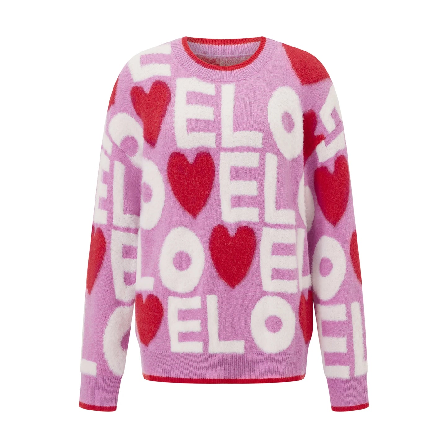 Women s Heart Pattern Knit Sweater with Round Neck and Long Sleeves - Cozy Jacquard Knitwear for Her