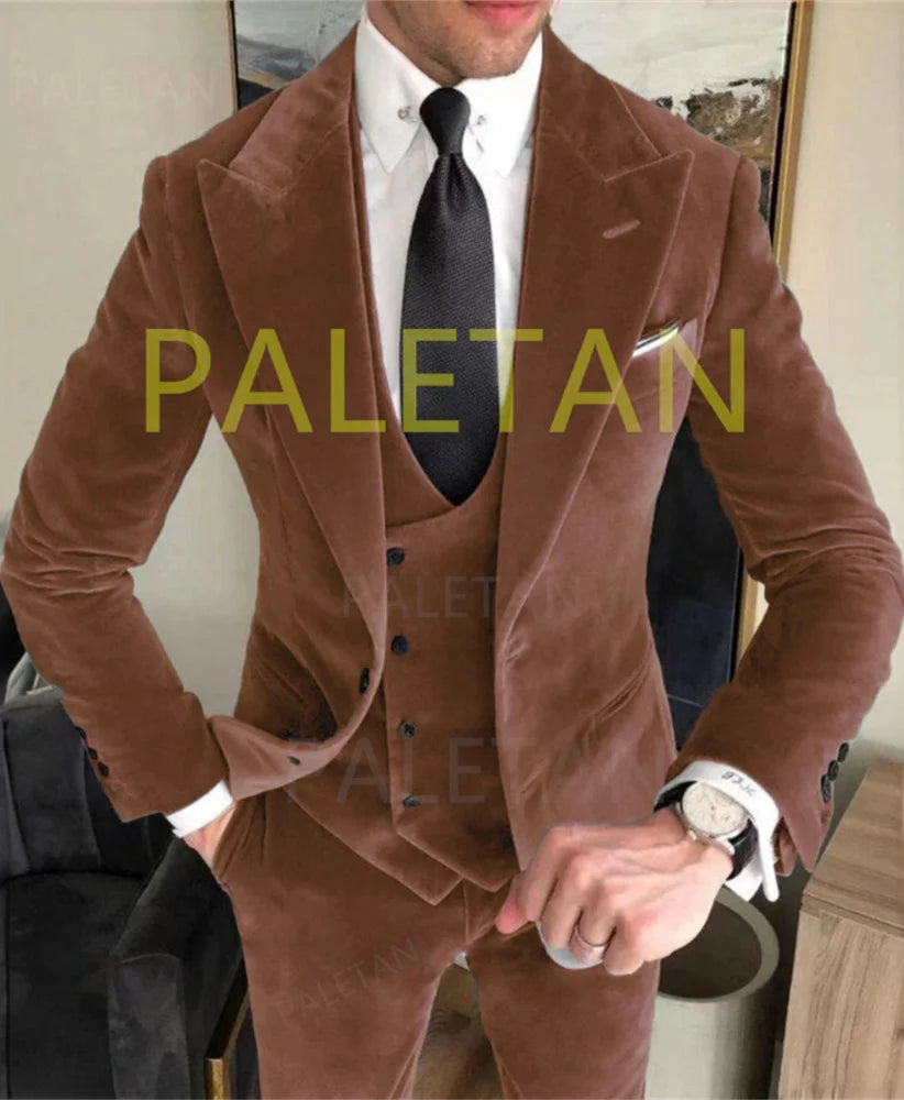 Business Velvet Blazer Sets Men's Suits Elegant Formal 3 Pieces Outfits Jacket+Pants+Vest