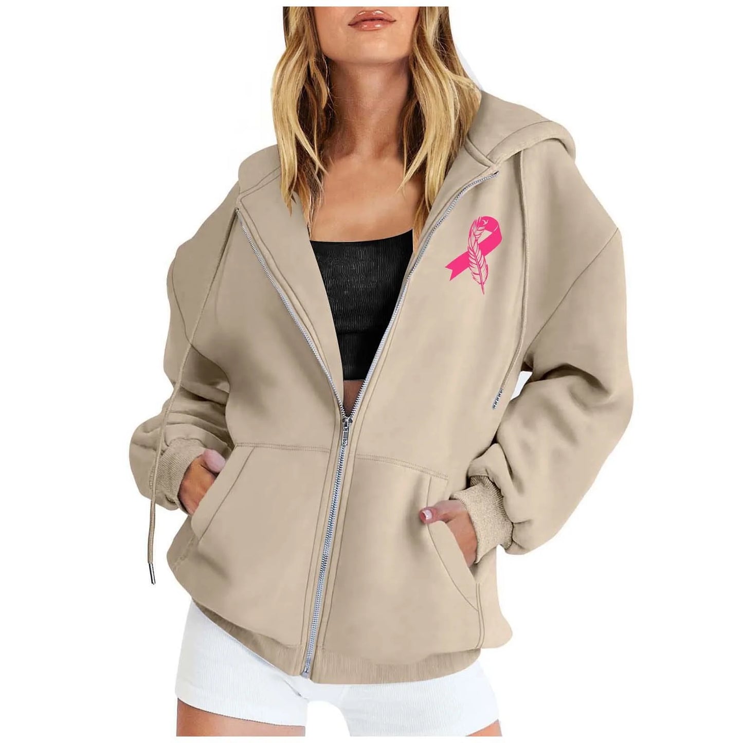 Women's Pink October Hoodies Breast Cancer Awareness Ribbon Feather Print Zipper Sweatshirts Long Sleeve Women Hoodies