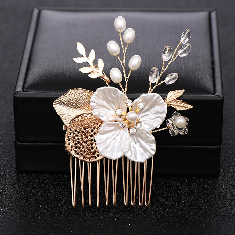 Gold Or Silver Pearl Flower Leaf Crystal Hair Comb Pin Band  For Women Wedding Bridal Hair Accessories Jewelry Comb Gift