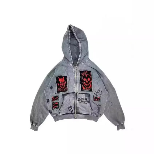 Women's sweatshirts Hoodie Sweatshirt Hip Hop Letter Vintage Skull Pattern Print Oversized Hoodie Jacket