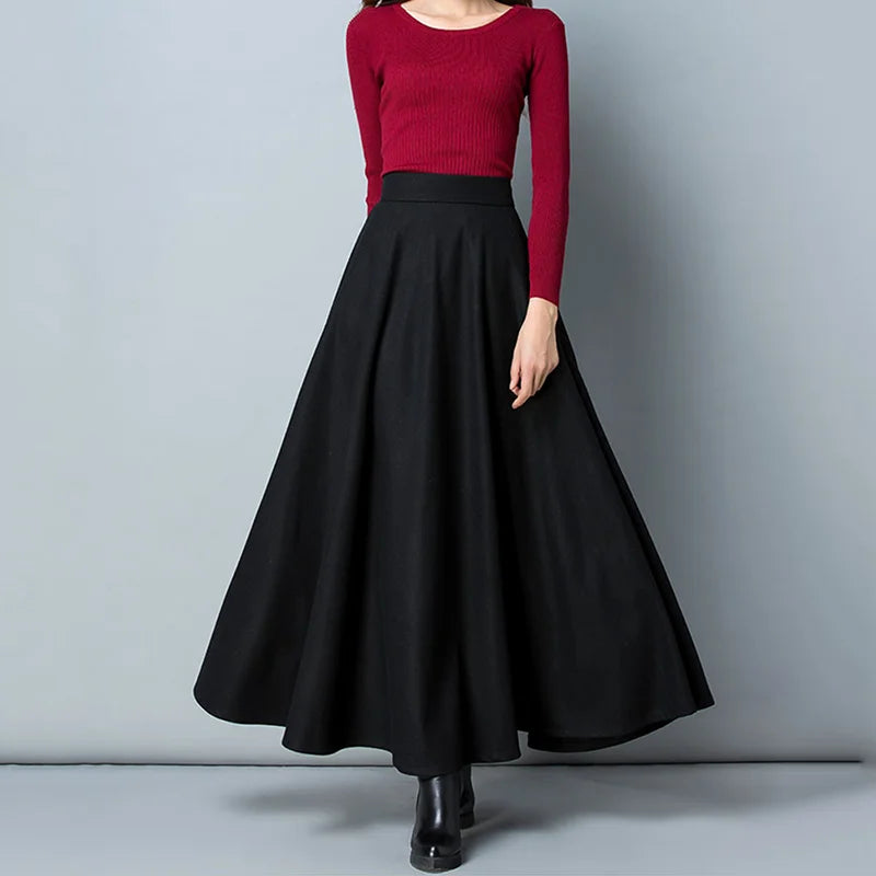 Long Woolen High Waist  A Line Thick Warm Pocket Maxi Skirt