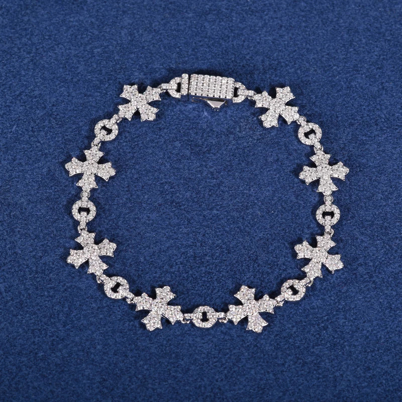 Sterling Silver 925 Charm Cross Chain Bracelets  Iced Out Moissanite Fine Jewelry