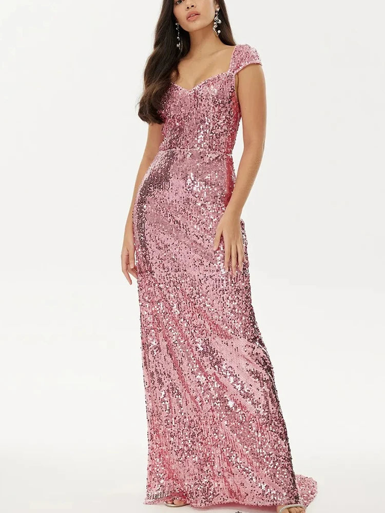 Cocktail  Off The Shoulder Sleeveless Pink Sequin Dress