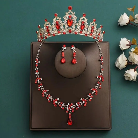 3pcs/set Crystal Bridal Tiara And Crown Earrings Necklace Jewelry Set