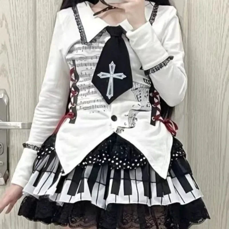 Piano Key Wave Dot Lace Skirt Gothic