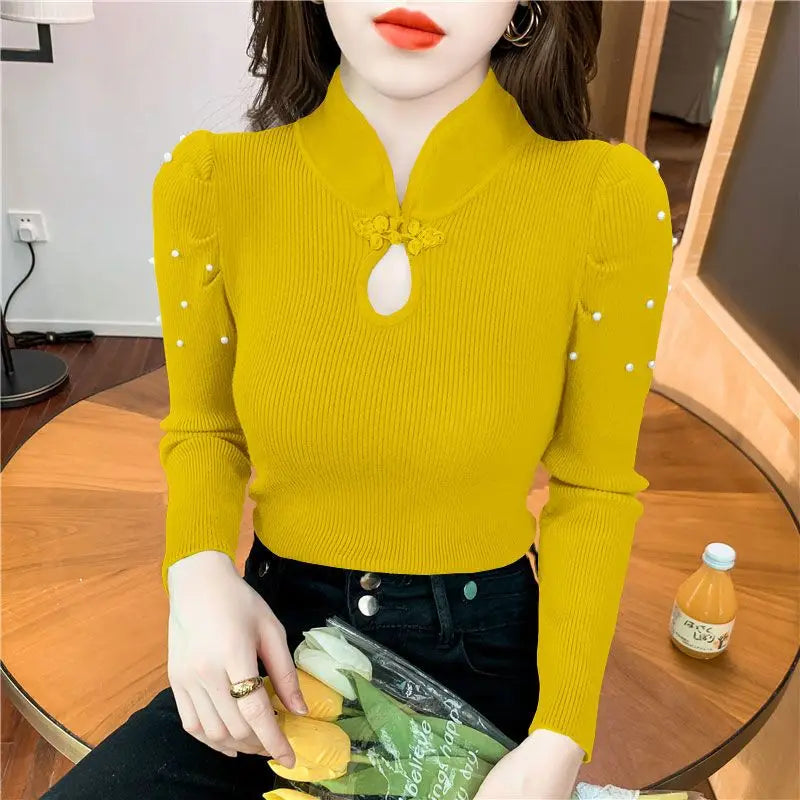 Button Beading Hollow Out Puff Sleeve Shirts