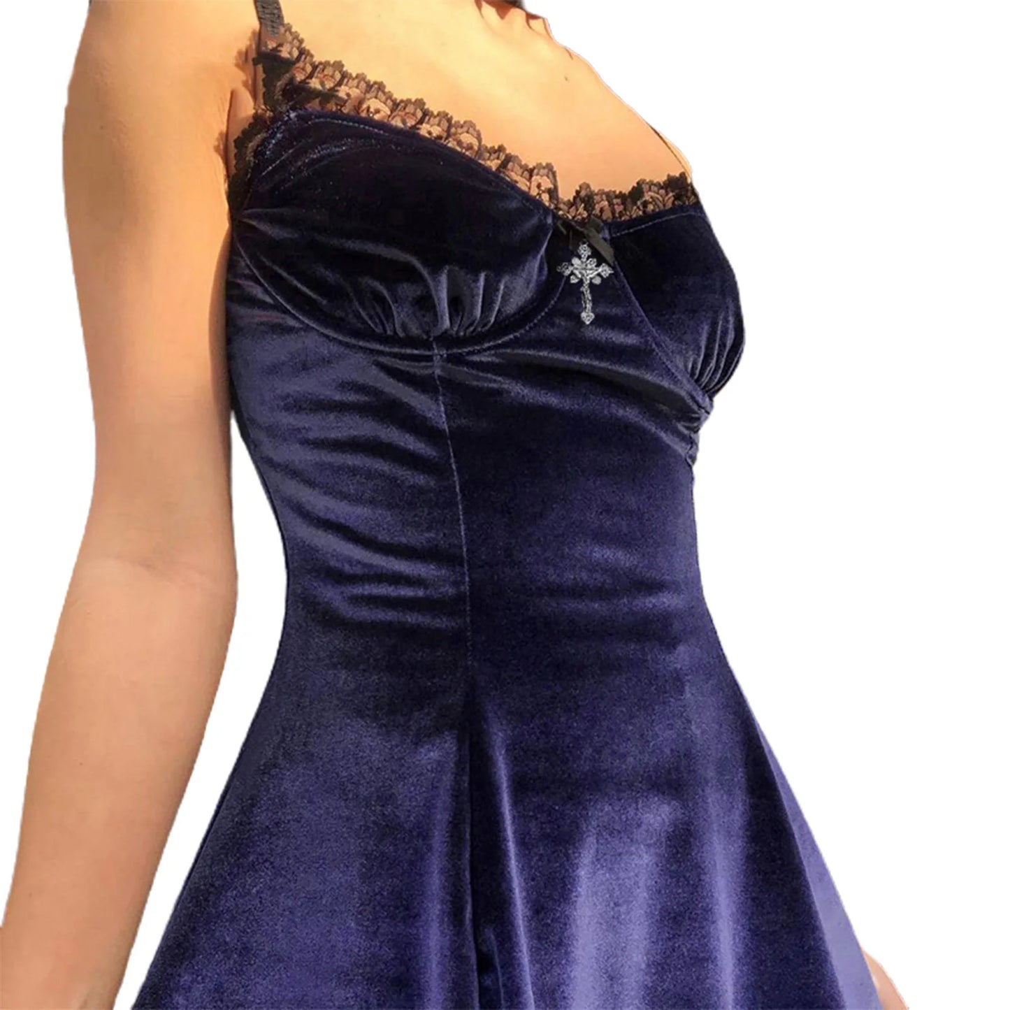 Velvet  Dress with Ruffles and Lace Trim  Spaghetti Strap V-Neck Gown with Bow Detail