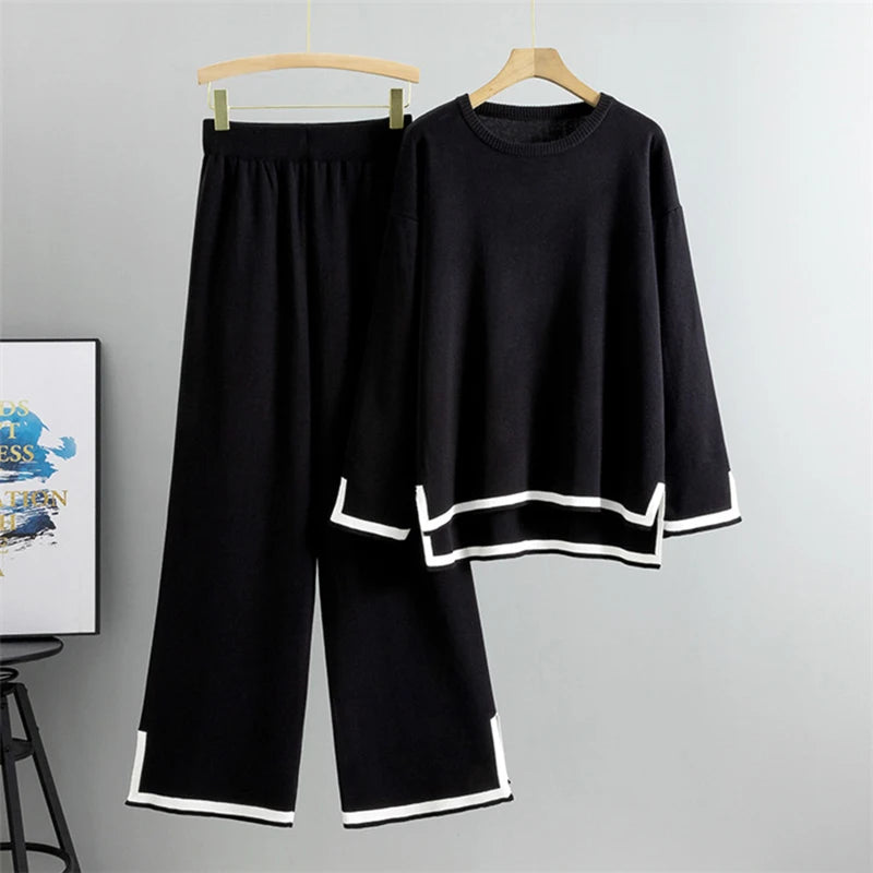 Elegant O-neck Side Slit Pullover Long Sleeve Sweater + Wide Leg Pants 2 Piece Sets Women's  Solid Color Casual Pantsuit