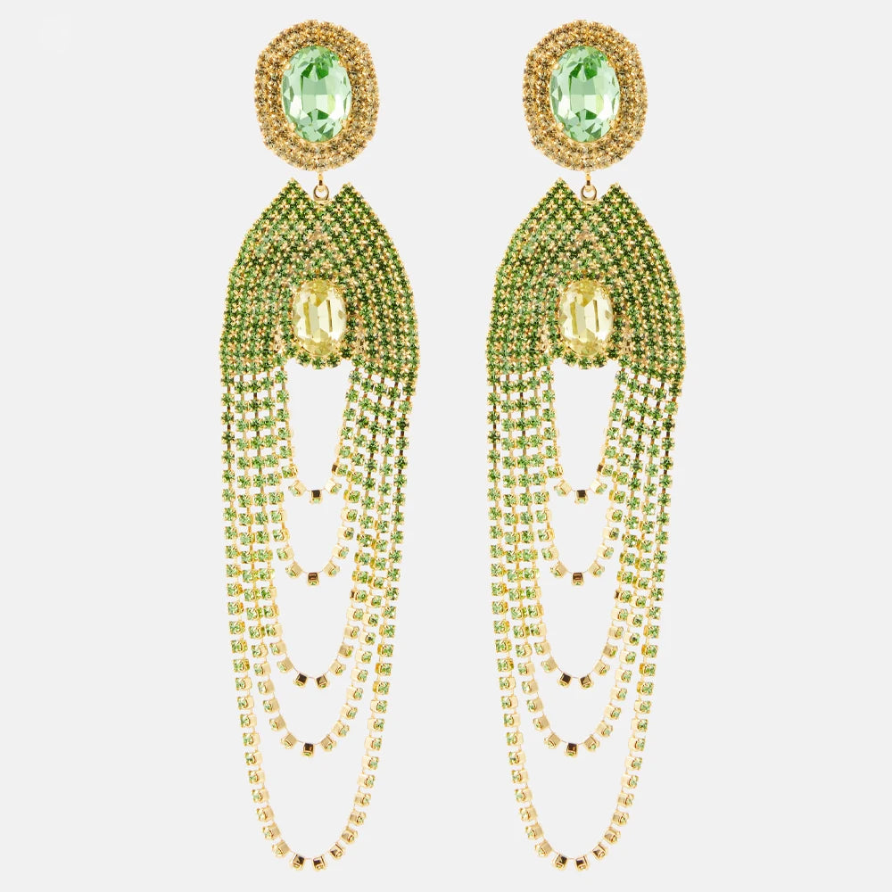 Green Crystal Multilayer Tassel Ear Clip Earrings Rhinestone Earrings No Piercing