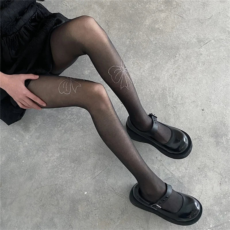 Rhinestone Embellished High Waist Sheer Mesh Tights with Soft Silk Stockings for a Glamorous Look
