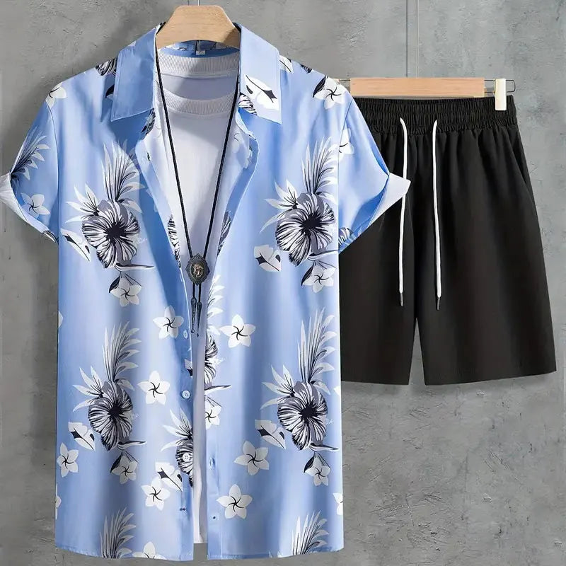 Fun 3D Flower Pattern Men's Hawaiian Shirt Sets Summer Short Sleeve Tops Beach Shorts 2 Piece Casual Vacation Outfit Clothing
