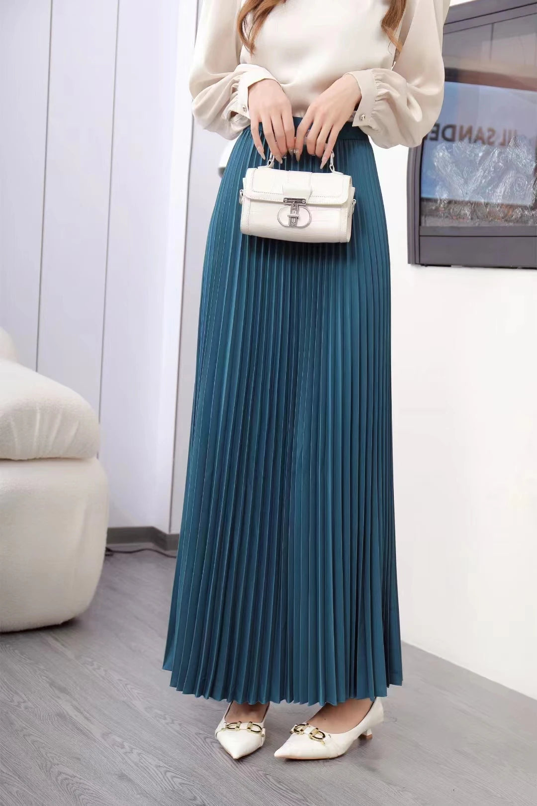 Elegant Pleated Skirt High Waist Women's Long Skirt Ladies High Quality Midi Skirt