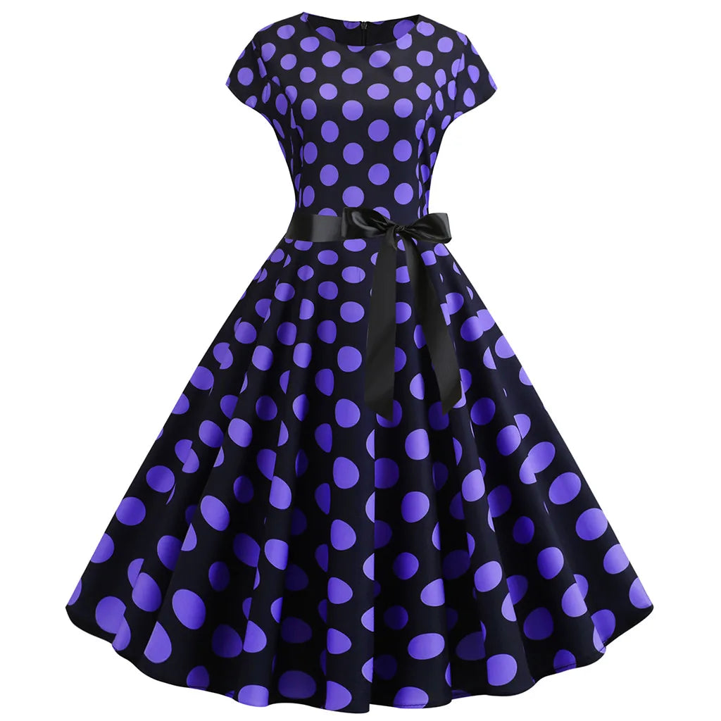 Women Vintage 1950s 60s Polka Dot Print High Waist A-line Swing Party Dress Retro Short Sleeve With Belt