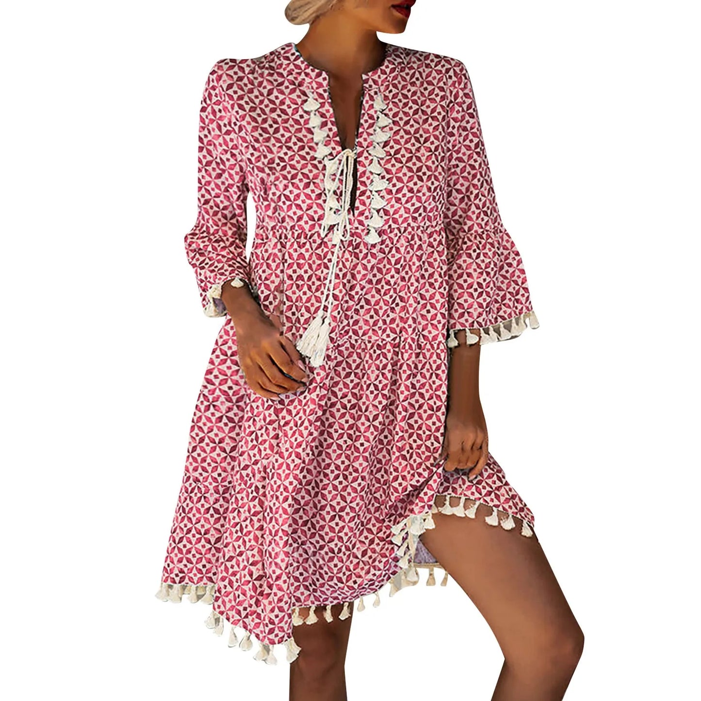 Ladies Lace Trim V Neck Short Sleeve Loose  Dress with Pockets Fashion Women Summer Casual Bohemian Print Dress