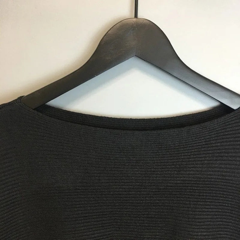 Women's One line Neck Bat Sweater Knitted Pullover Loose and Simple Long Sleeve Solid Color