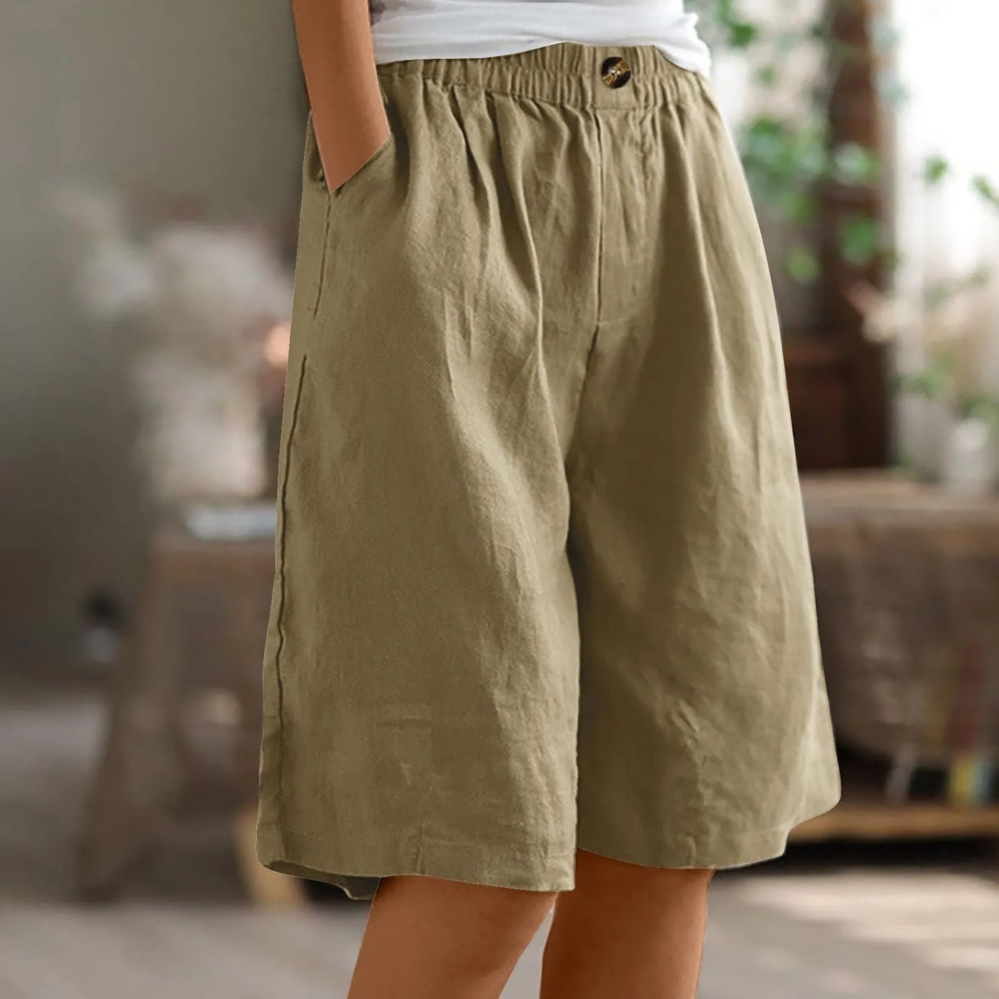 Women's Fashion Solid Color Shorts Pocket Button Up Capris Loose Elastic Waist Cotton Linen Shorts