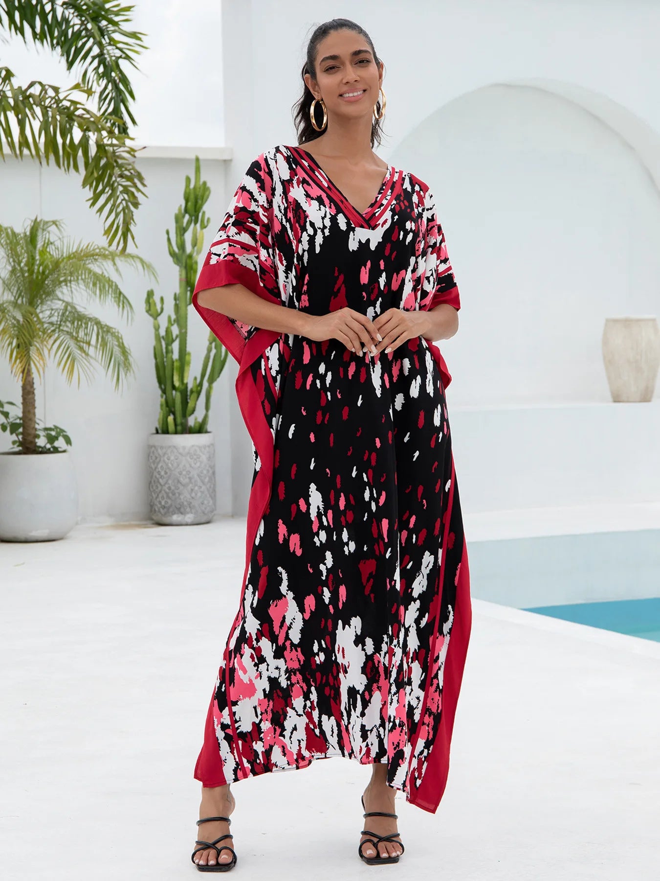 Black Red Print Women  Loose Fitting Long Robe Beach Vacation V-neck Sunscreen Clothing Kaftan