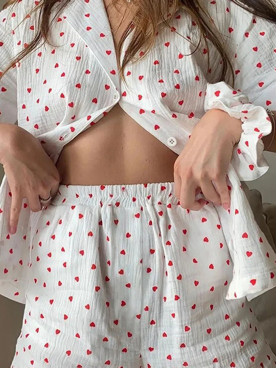 Women s Lightweight Pajama Set V-Neck Button Up Short Sleeve Shirt Elastic Waist Shorts with Cute Heart Pattern 2 Piece