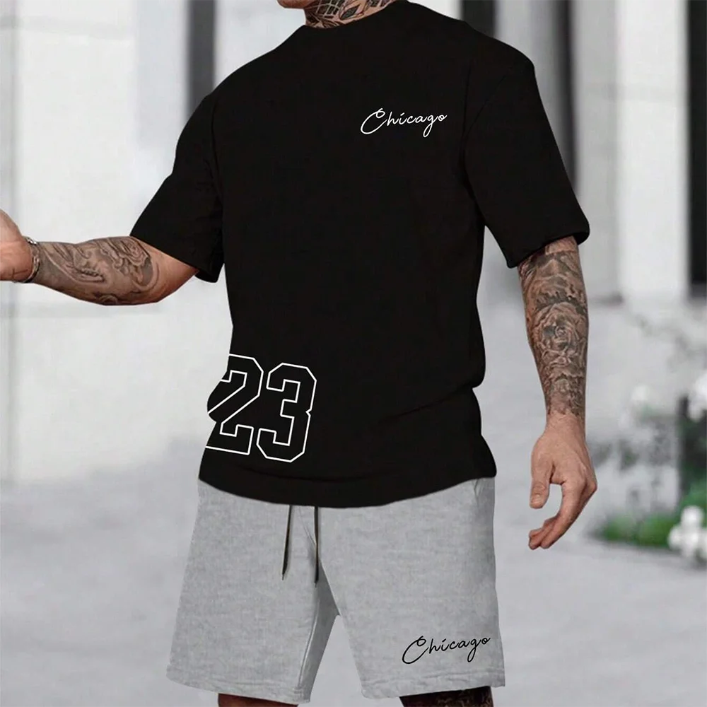 summer men's T-shirt shorts set number print short sleeved round neck T-shirt summer casual outdoor comfortable