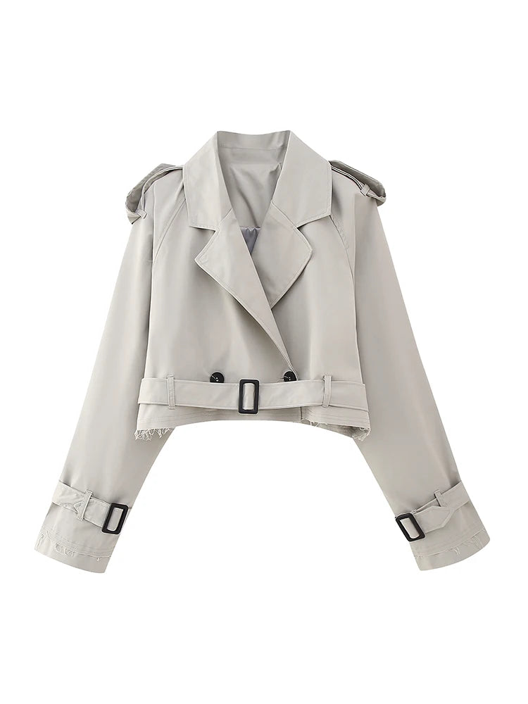 Women Fashion With Belt Cropped Trench Jacket Vintage Notched Neck Long Sleeve Female Chic Lady